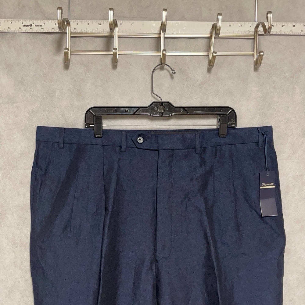 NWT Faconnable Pants Men 44x38 Blue Black Linen Double Pleated Casual Unhemmed